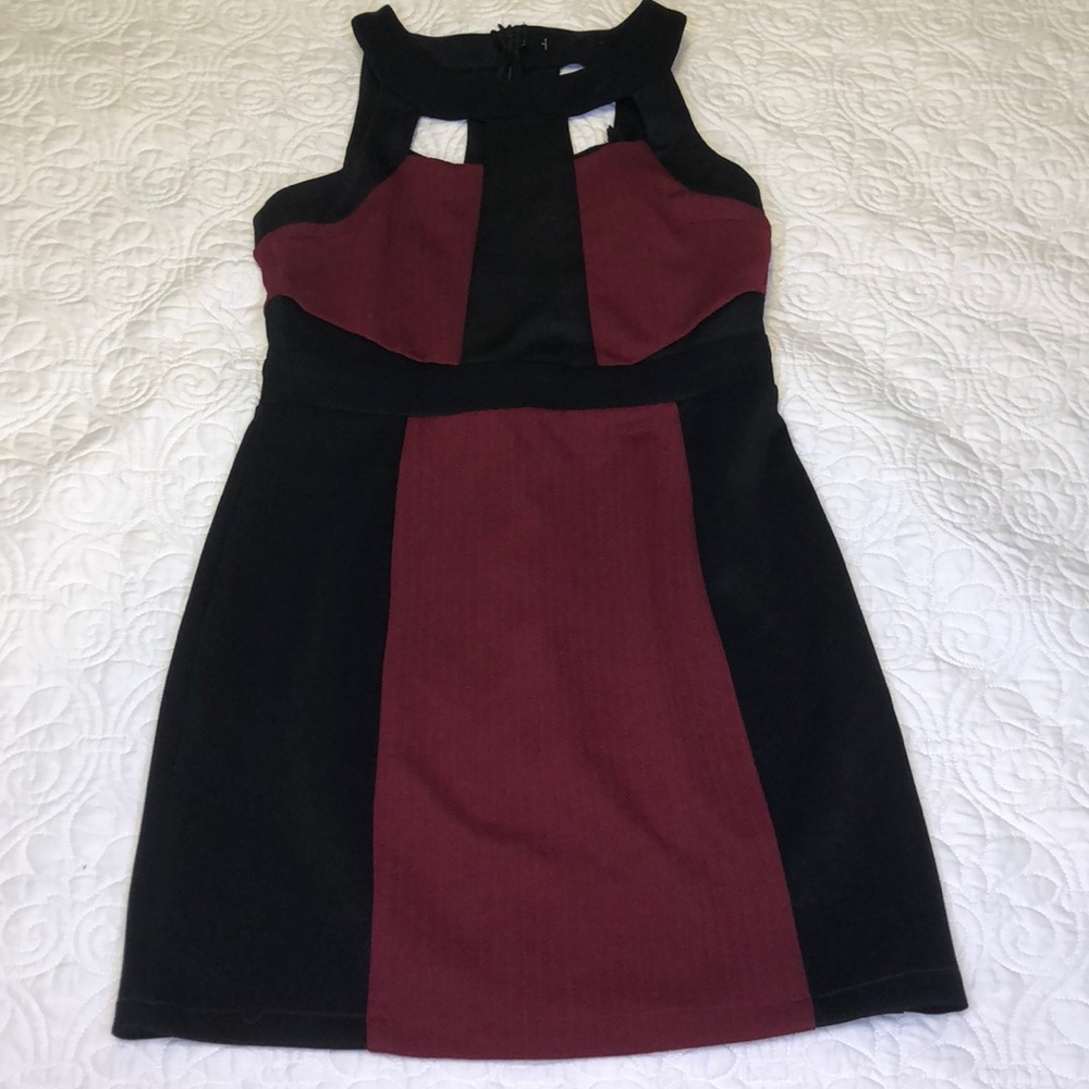 Maroon and black color block dress